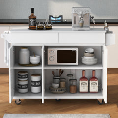 K&K 53.2''  Kitchen Island with Drop Leaf, Kitchen Storage Cart with Spice Rack, Towel Rack and 2 Drawers for Kitchen, Dining Room, White