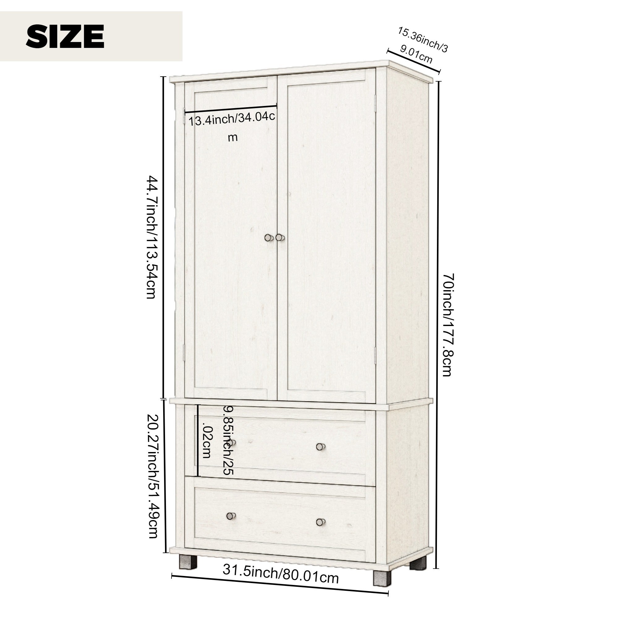 70" Tall Kitchen Pantry Cabinet with 2 Drawers & Shelves, Antique White