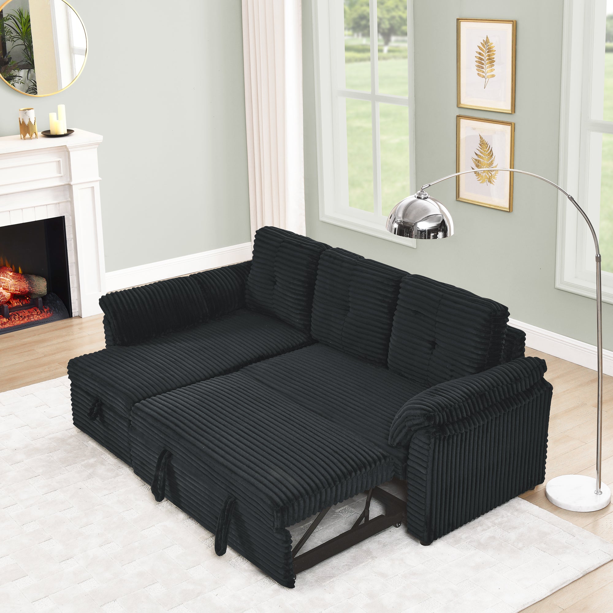 Corduroy Tufted Upholstered Sleeper Sectional Sofa, L-Shaped Modular Convertible Sofa with Reversible Storage Chaise, Pull Out Sleep Couch Bed and Reclining Backrest Perfect for Living Space, Black