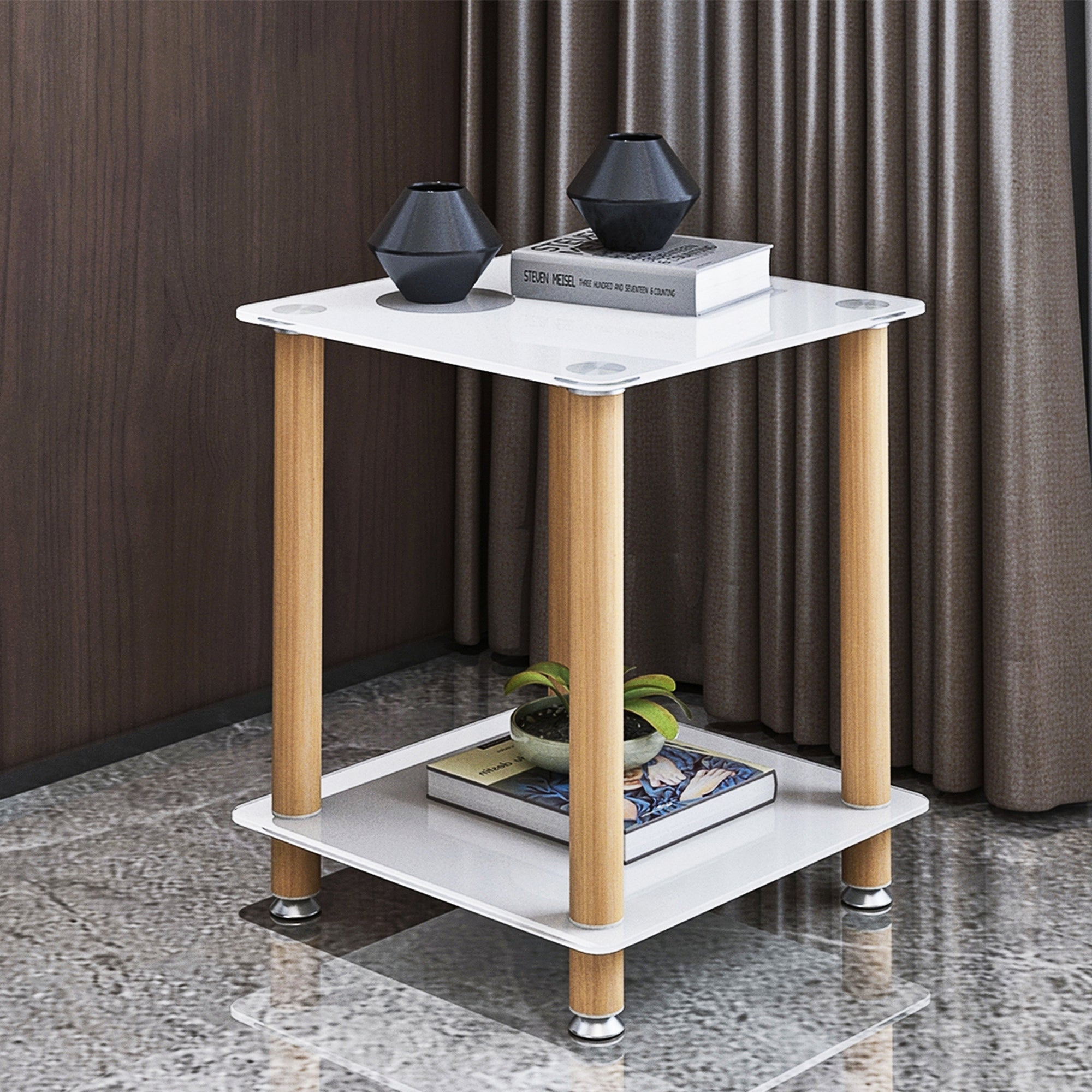 2-Piece White+Oak Side Table , 2-Tier Space End Table ,Modern Night Stand, Sofa table, Side Table with Storage Shelve