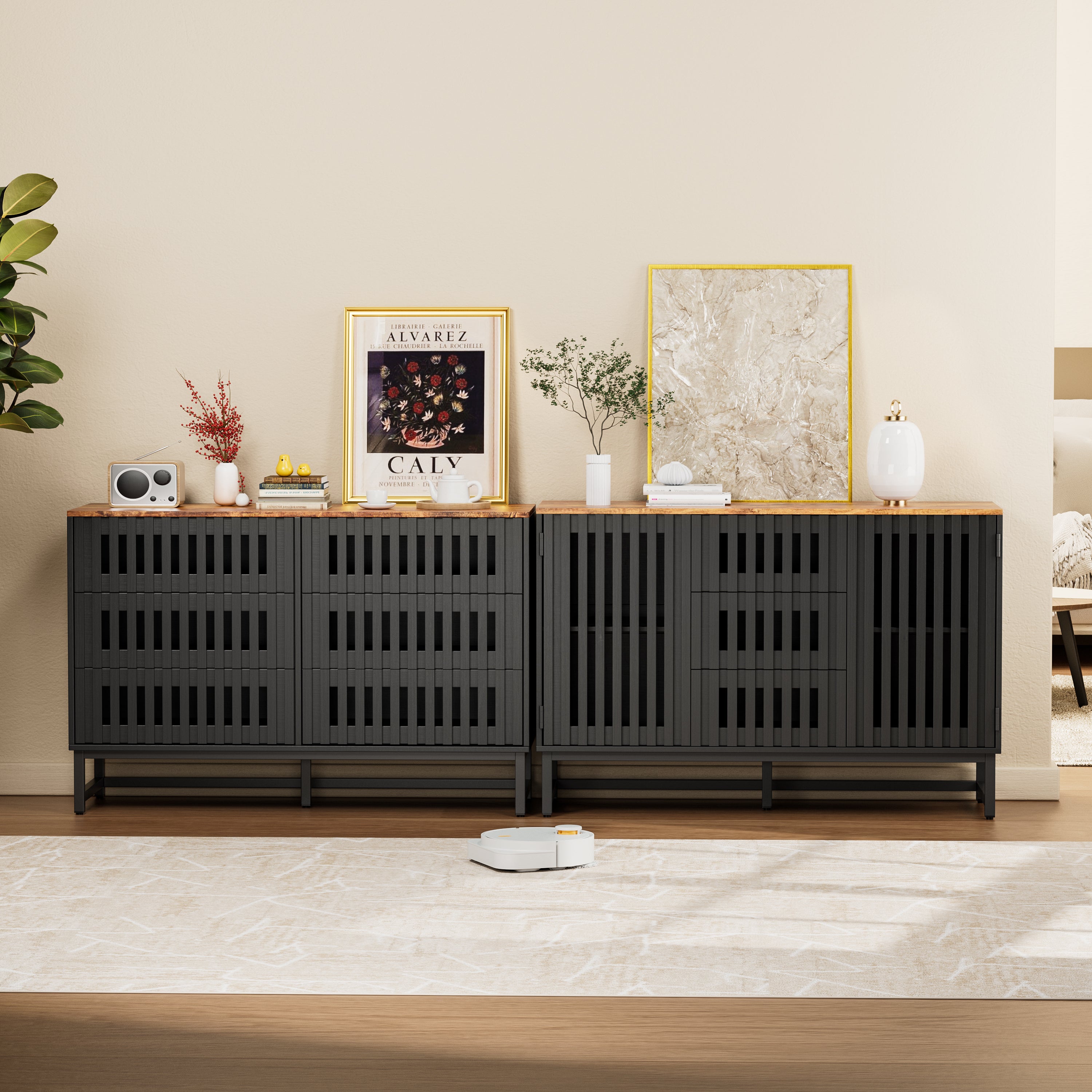 6-Drawer Modern Dresser with Slatted Grille Design and Metal Legs, Durable MDF Construction