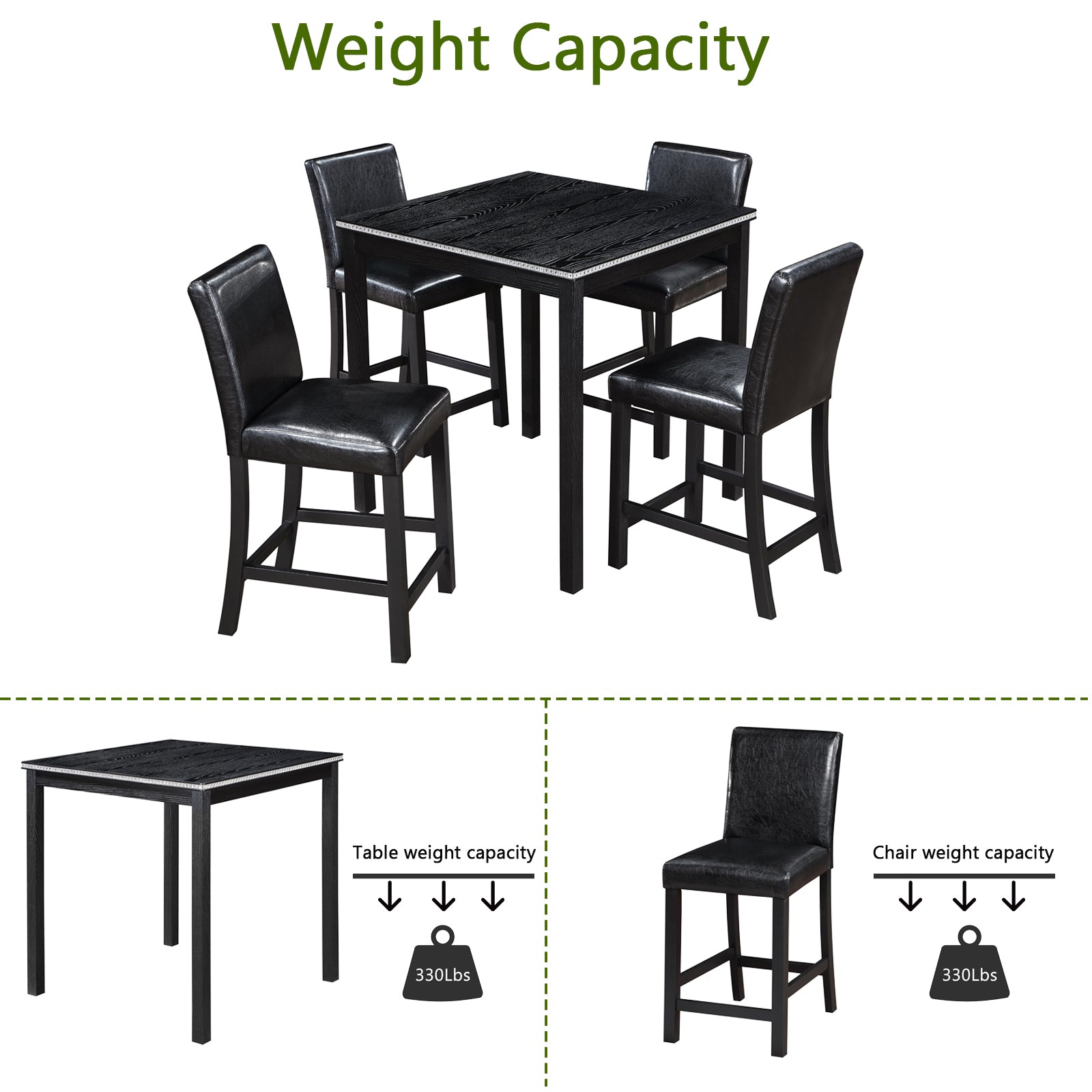 5 Piece Counter Height Table Set, Wooden Kitchen Table Set with Square Table and 4 Upholstered Chairs, Counter Height Dining Table with Crystal Decoration and Chair Set for Kitchen, Dining Room,Black