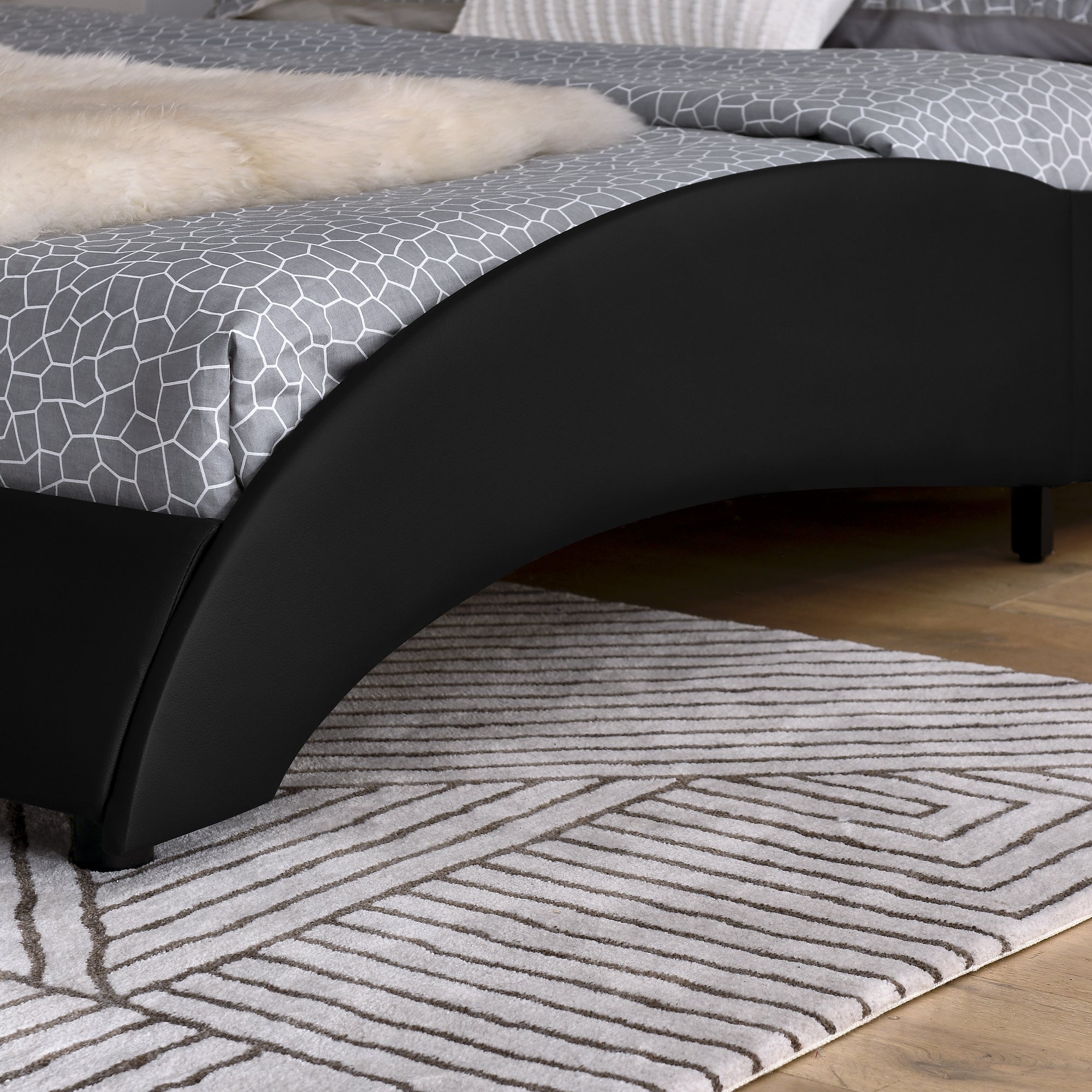 Queen Led Bed Frame Modern Faux Leather Upholstered Platform Bed Frame with RGB LED Lights and Headboard Wave Like Curve Low Profile Bed Frame,Wood Slats Support,Easy Assembly, Black
