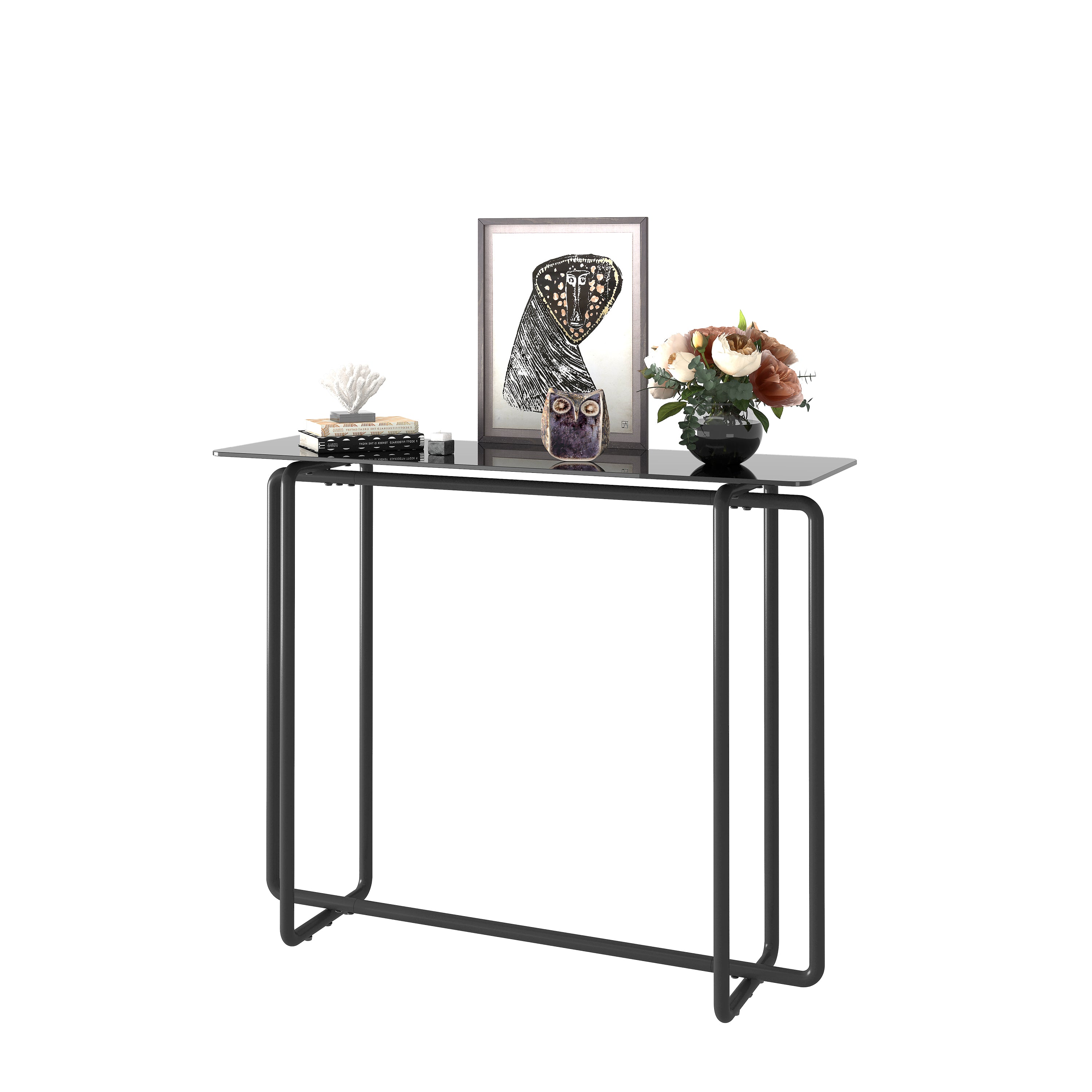 Console Table single layer tempered glass rectangular porch table black leg double tempered glass tea table,Black