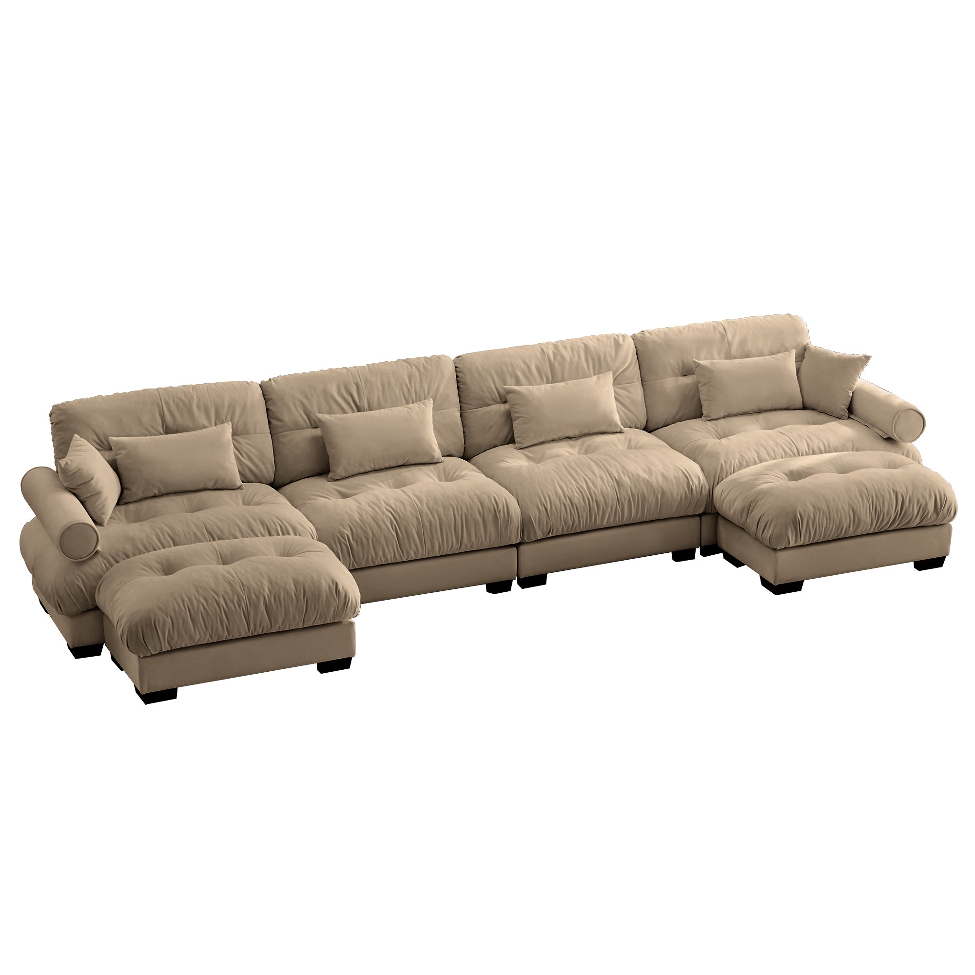 U-Shaped Velvet Sectional Cloud Couch with Movable Ottomans, Deep 4-Seater with Bolstered Armrests and Pillows, Camel