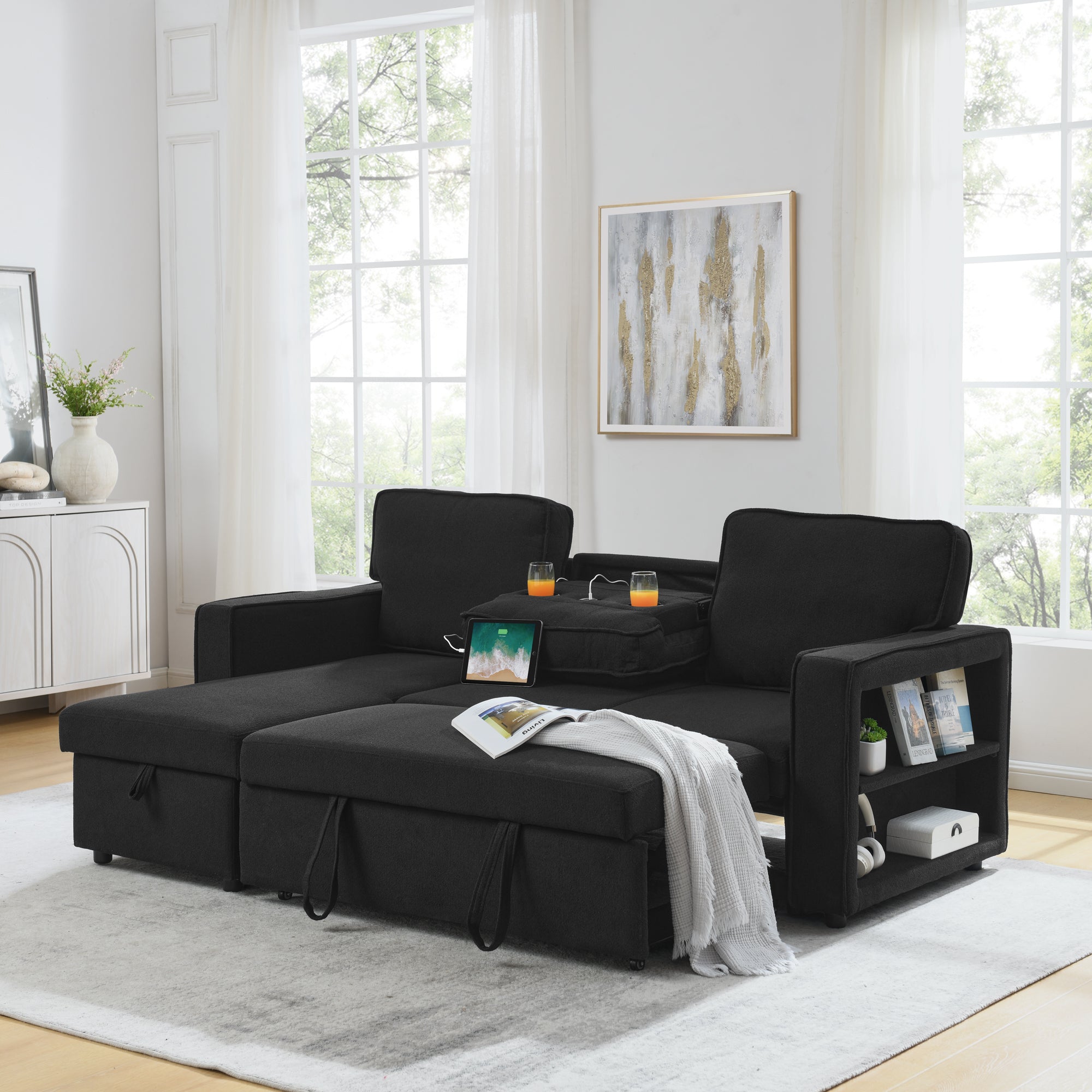 Linen Upholstered Sleeper Sectional Sofa, Shaped Modular Convertible Sofa with Storage Chaise,There are two cup holders in the middle and USB multi-interface function,Pull Out Sleep Couch Bed ,Black