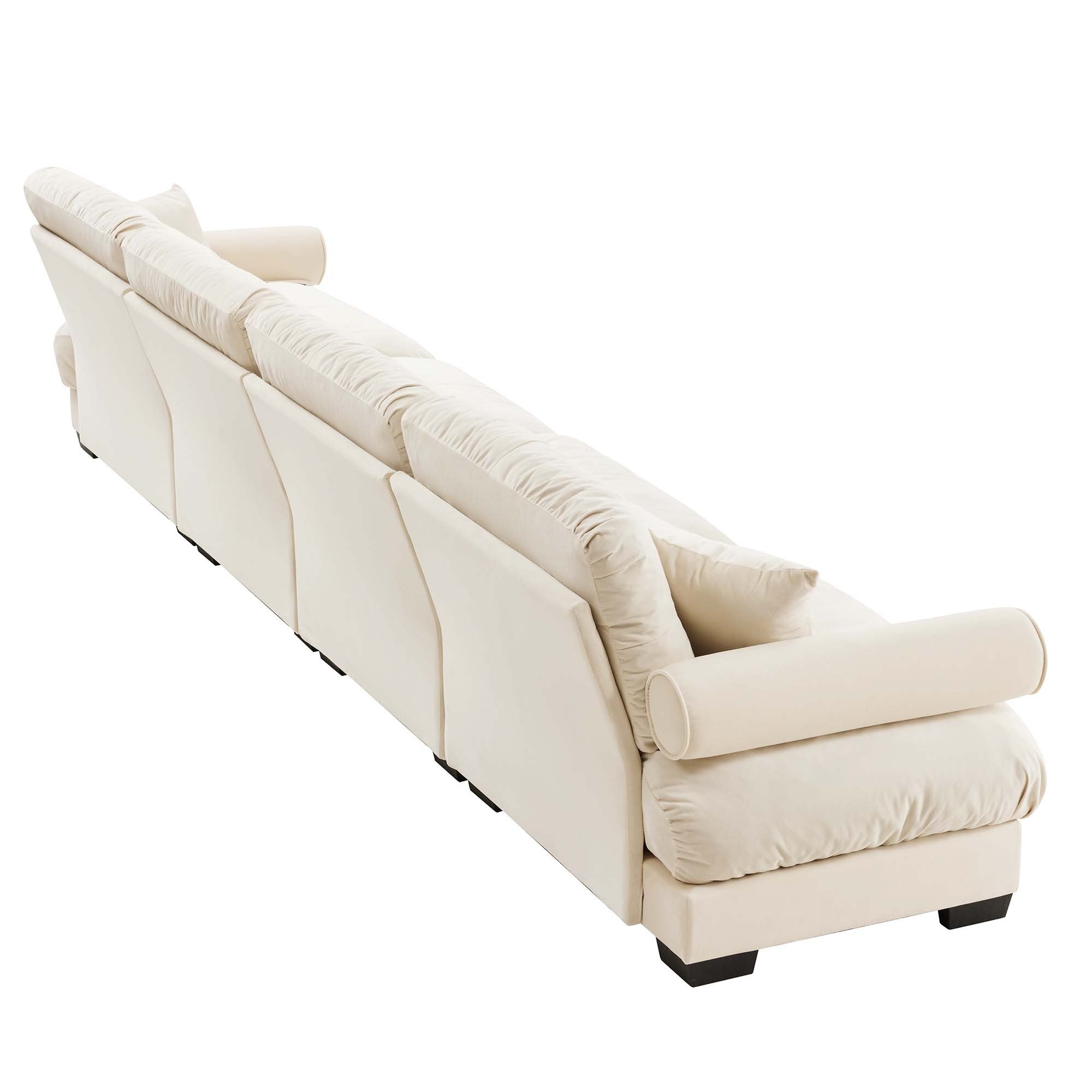 Oversized 4-Seater Velvet Sectional Sofa with Ottoman, Deep Seat Cloud Couch for Living Room, Cream