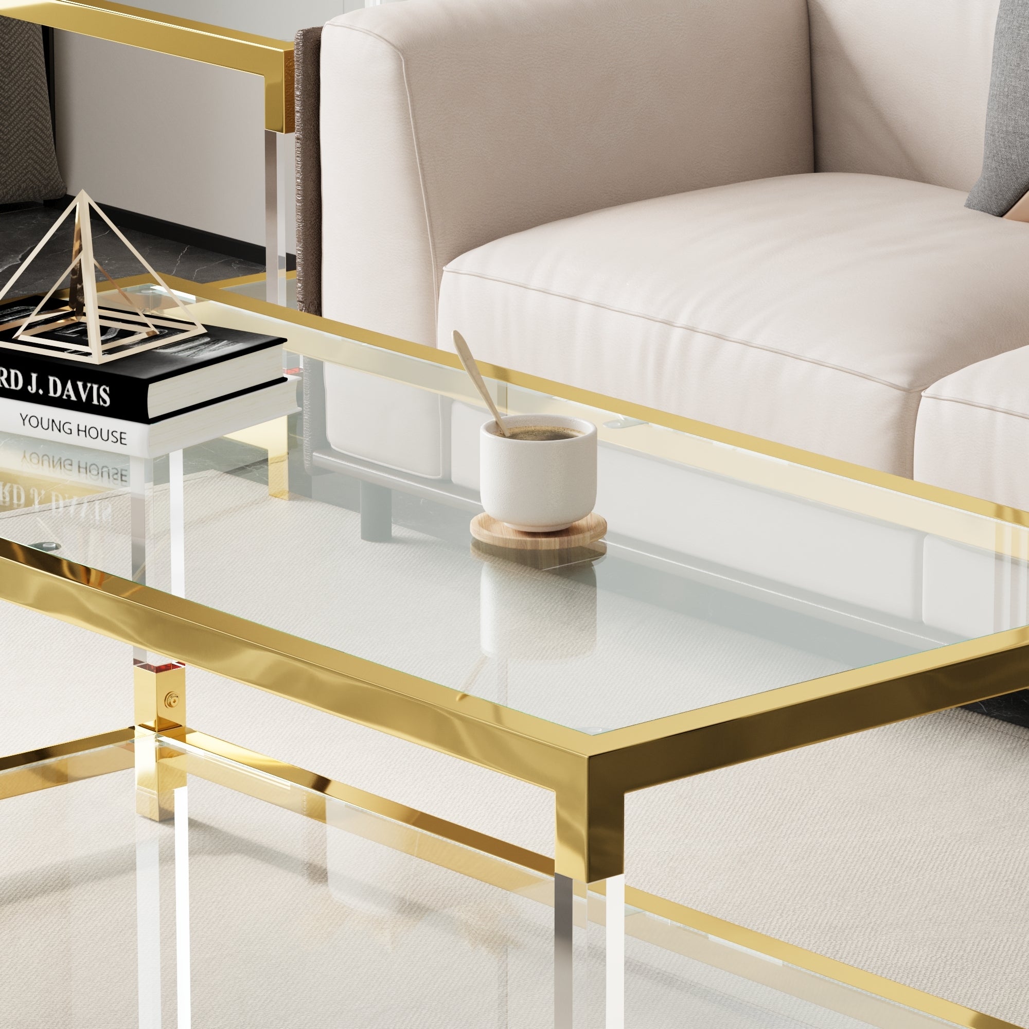 Modern minimalist living room furniture set, stylish transparent acrylic leg coffee table, square edge table, tempered glass face tea table combination gold end table