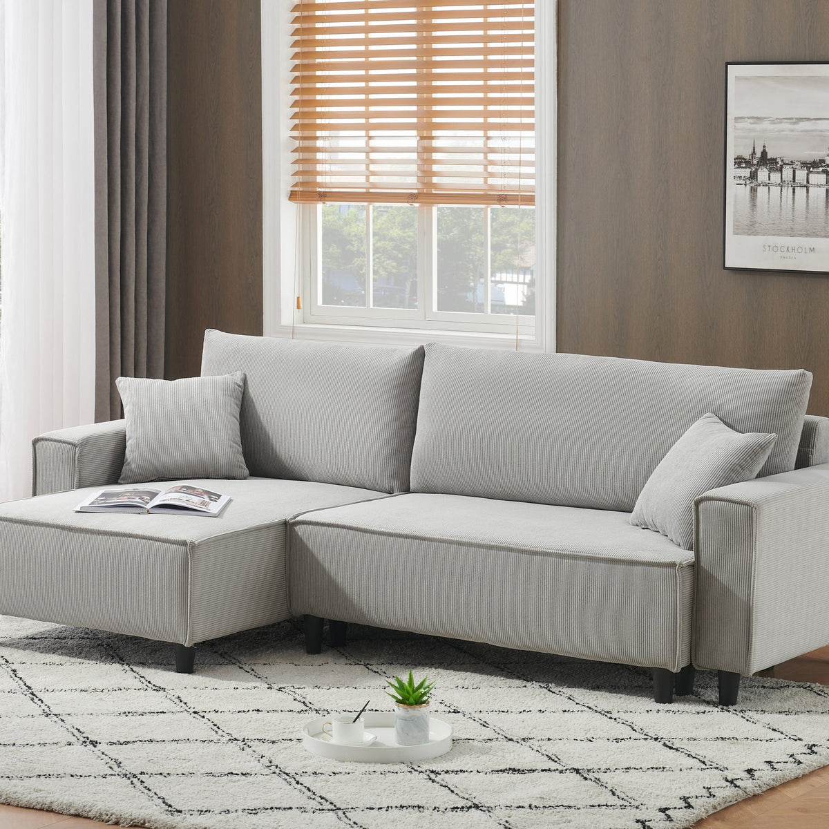 Modern Gray Corduroy Sofa Bed with Two Pillows - Sectional L-Shaped Sofa with Storage