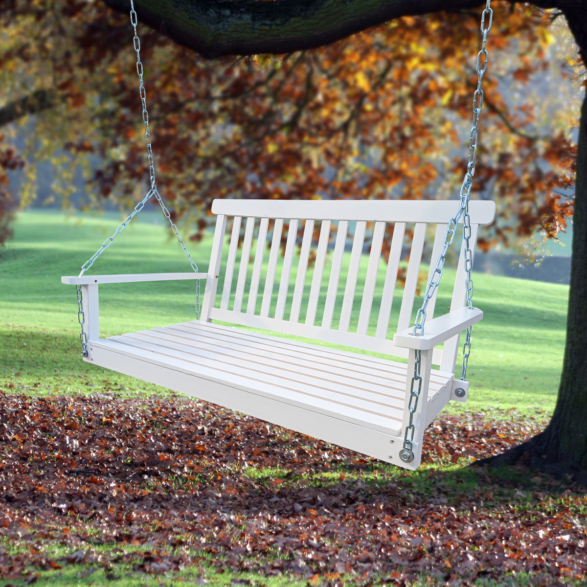 Front Porch Swing with Armrests, Wood Bench Swing with Hanging Chains,for Outdoor Patio ,Garden Yard, porch, backyard,  or sunroom,Easy to Assemble,white