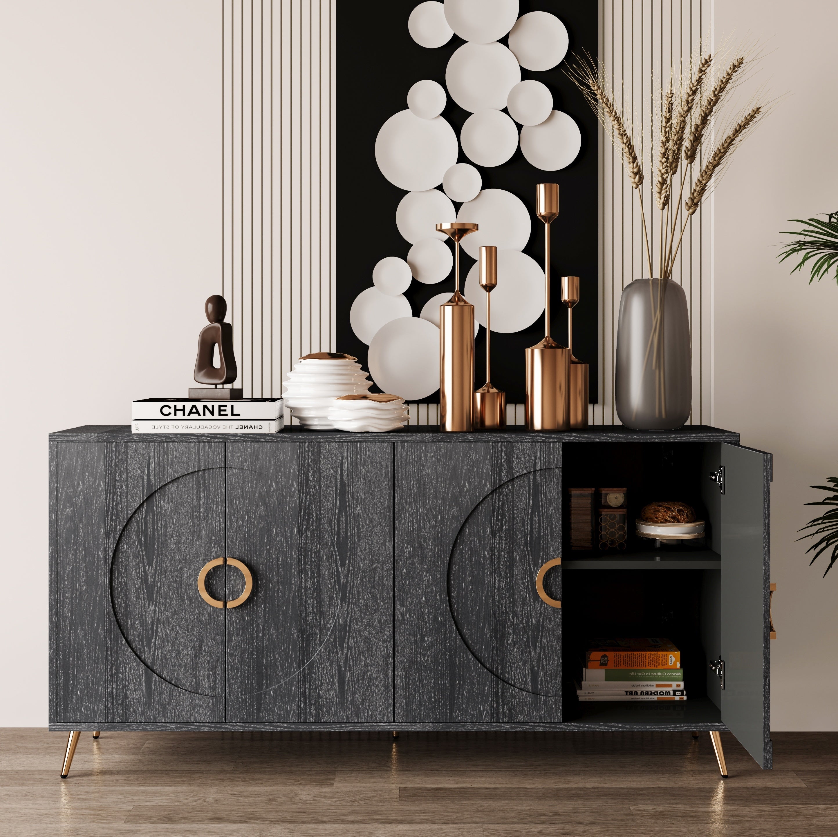 Modern Lacquered 4 Door Wooden Cabinet Sideboard Buffet Server Cabinet Storage Cabinet, for Living Room, Entryway, Hallway, Office, Kitchen and Dining Room, Distressed Black