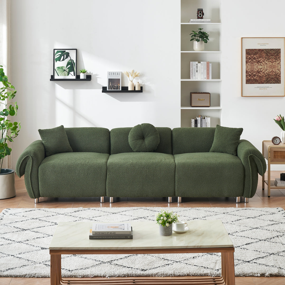 112 inches of green teddy velvet fabric, with 3 pillows, three-person sofa can be placed in the living room and other scenes Green teddy velvet fabric, with 3 pillows, three-person sofa can be placed