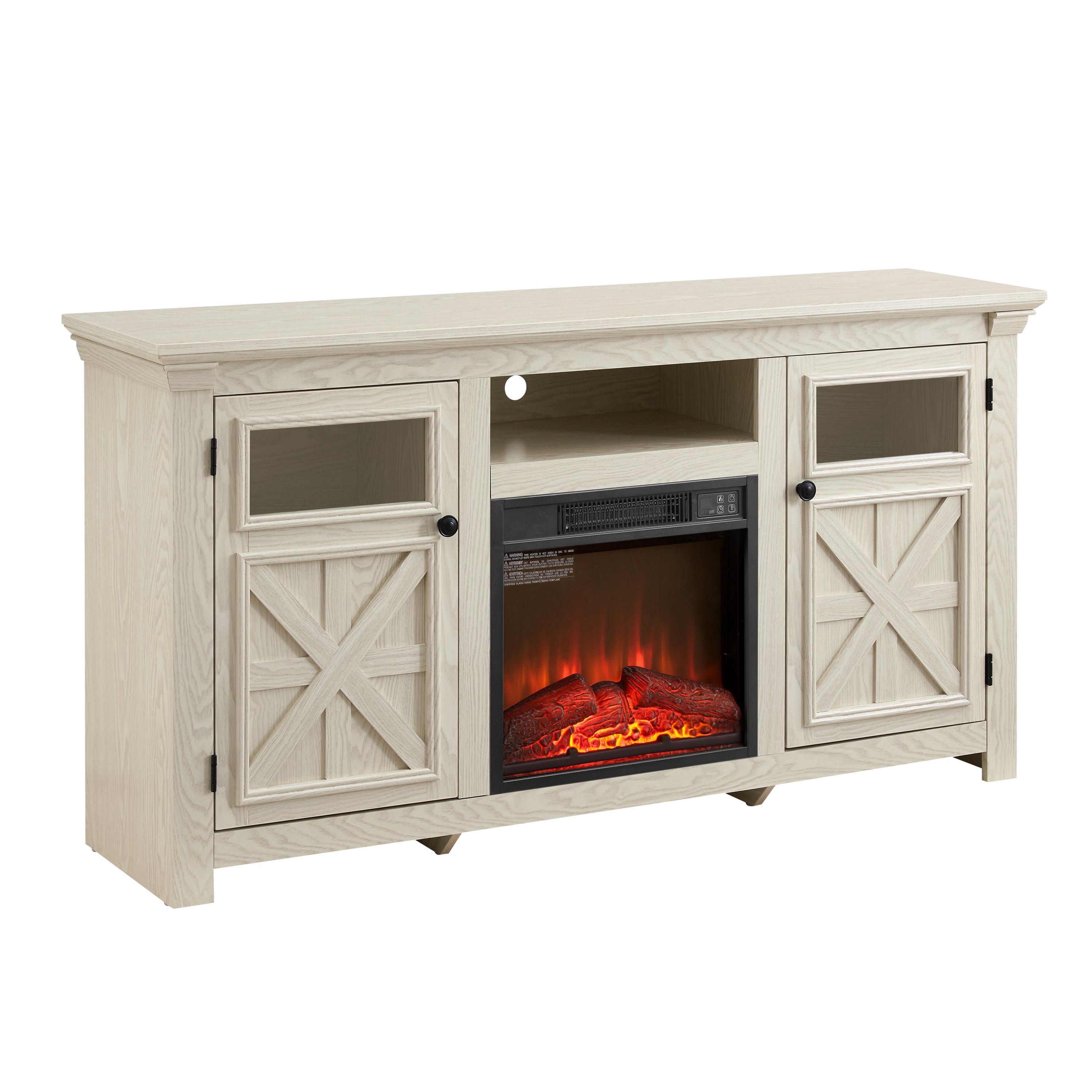 Farmhouse TV Stand with 2 Doors, Barn Design, Large Media Console with 18" Electric Fireplace Insert, WHITE