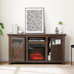 Farmhouse TV Stand with 2 Doors, Barn Design, Large Media Console with 18" Electric Fireplace Insert, Dark Brown