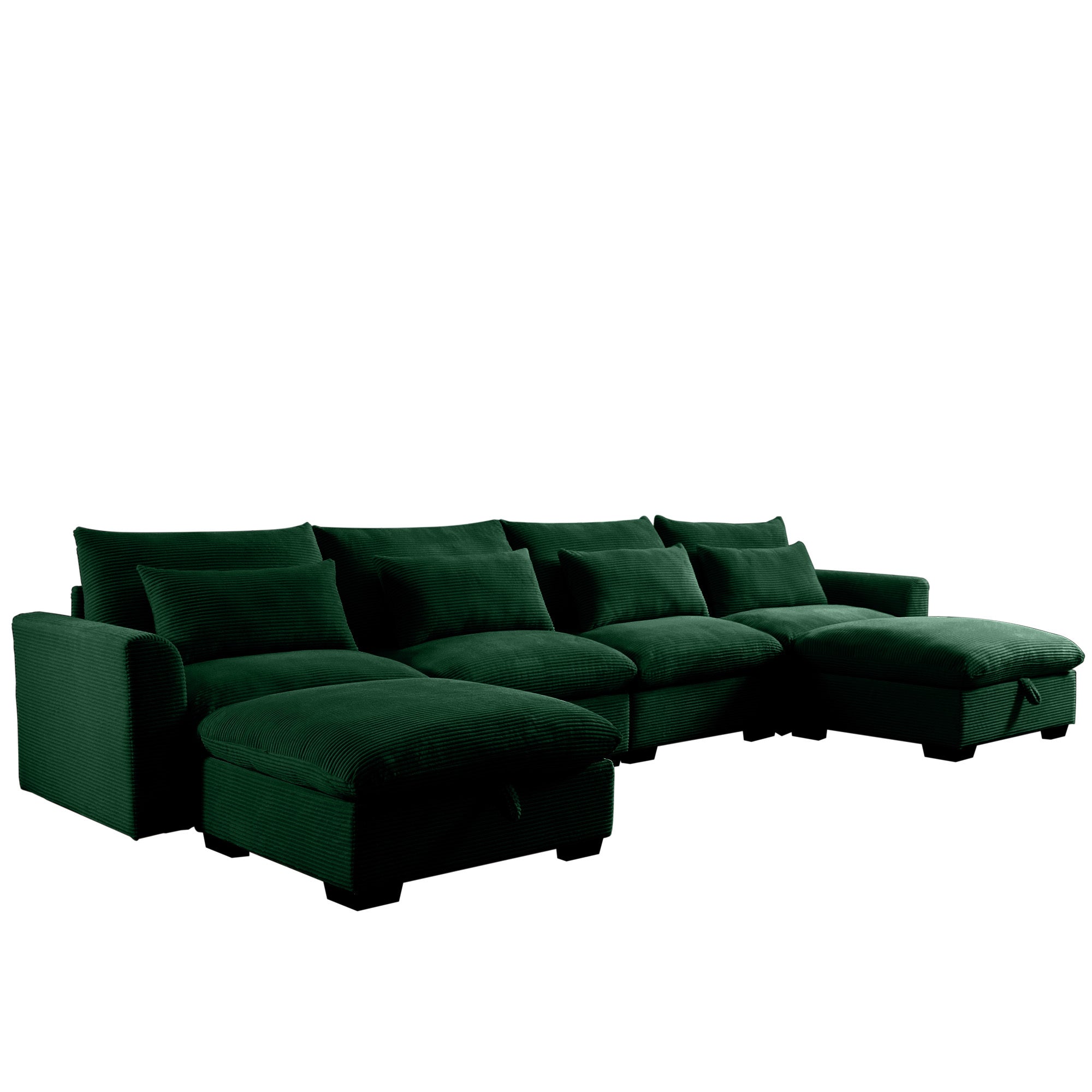 Big Deep Seat U-Shaped Corduroy Sectional Couches for Living Room, 4 Seater Sofa Couch with 2 Storage Footstool and 4 Waist Pillows (Corduroy, Green)