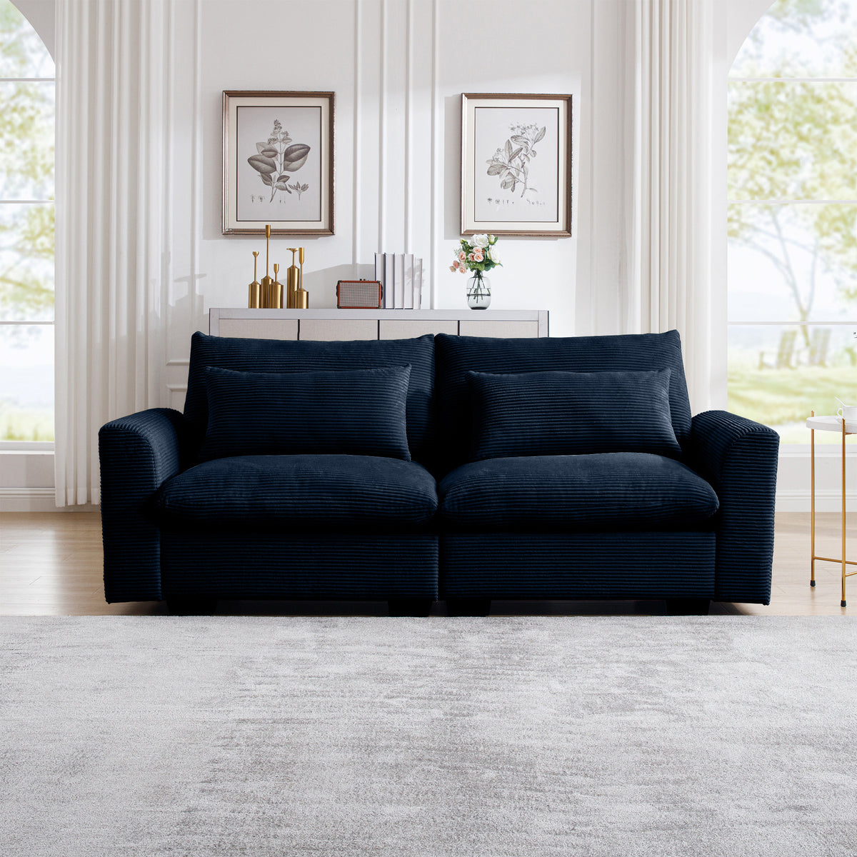 Modern Sofa 2 Seater Corduroy Fabric Sofa with Armrests for Apartment Living Room, Bule