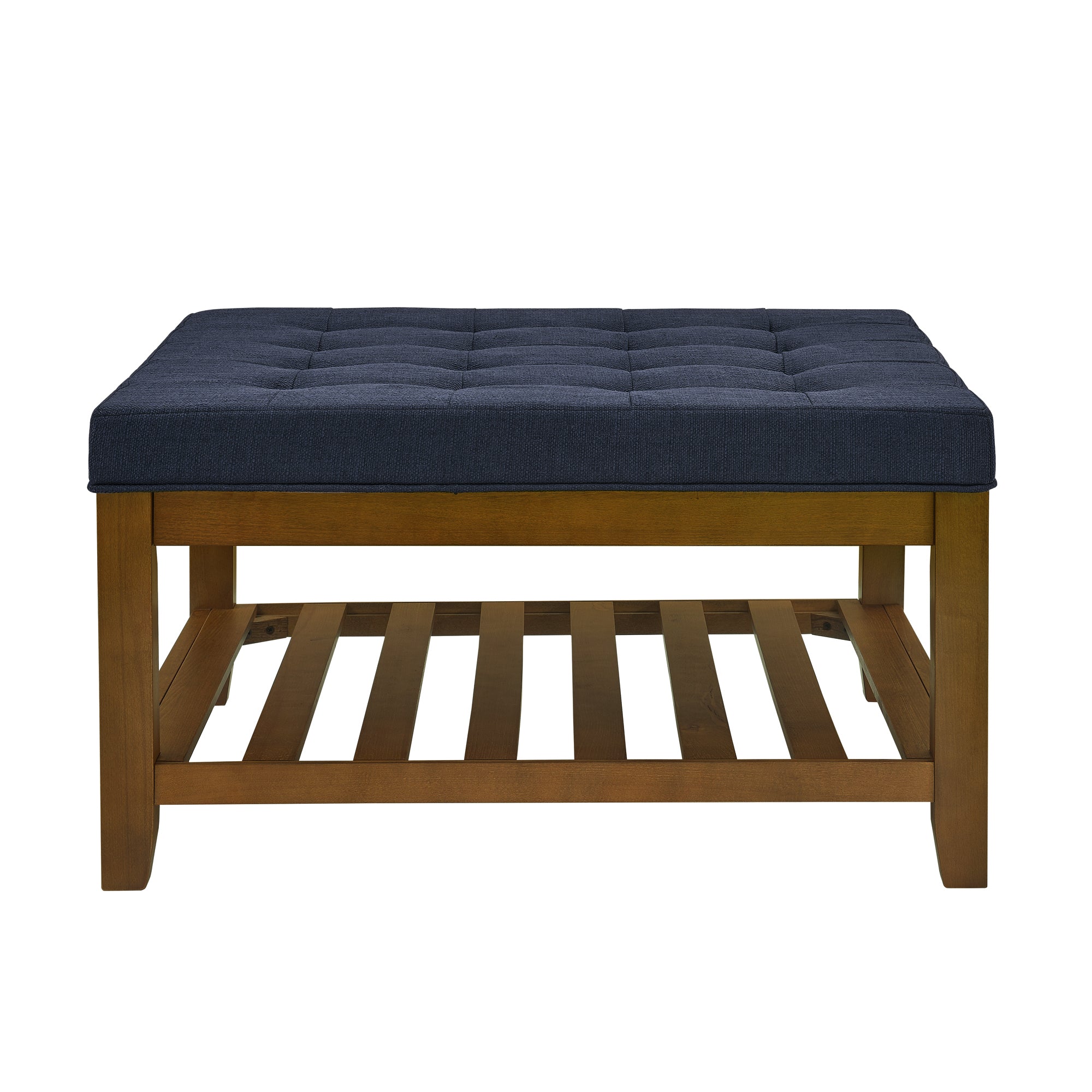 Tufted Upholstered Square Coffee Table Ottoman with Beech Wood Shelf, Oversized Footrest for Living Room, Navy Blue