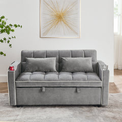 55.51" Foldable Velvet Sofa Bed with Adjustable Back, Pull-Out Design with USB Port, Ashtray, and Swivel Phone Stand, Gray