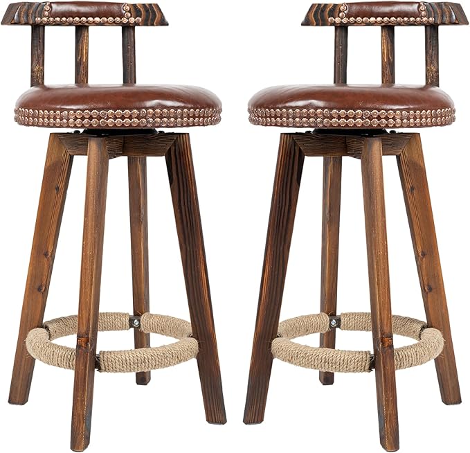 Rustic Faux Leather & Wood Bar Chairs - Set of 2 - Stylish Swivel Stools for Home or Bar FU01004