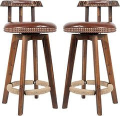 Rustic Faux Leather & Wood Bar Chairs - Set of 2 - Stylish Swivel Stools for Home or Bar FU01004