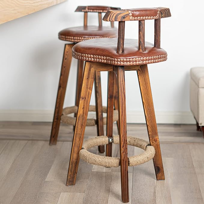 Rustic Faux Leather & Wood Bar Chairs - Set of 2 - Stylish Swivel Stools for Home or Bar FU01004