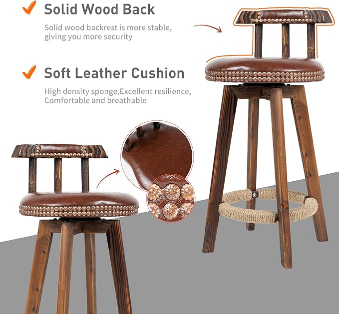 Rustic Faux Leather & Wood Bar Chairs - Set of 2 - Stylish Swivel Stools for Home or Bar FU01004