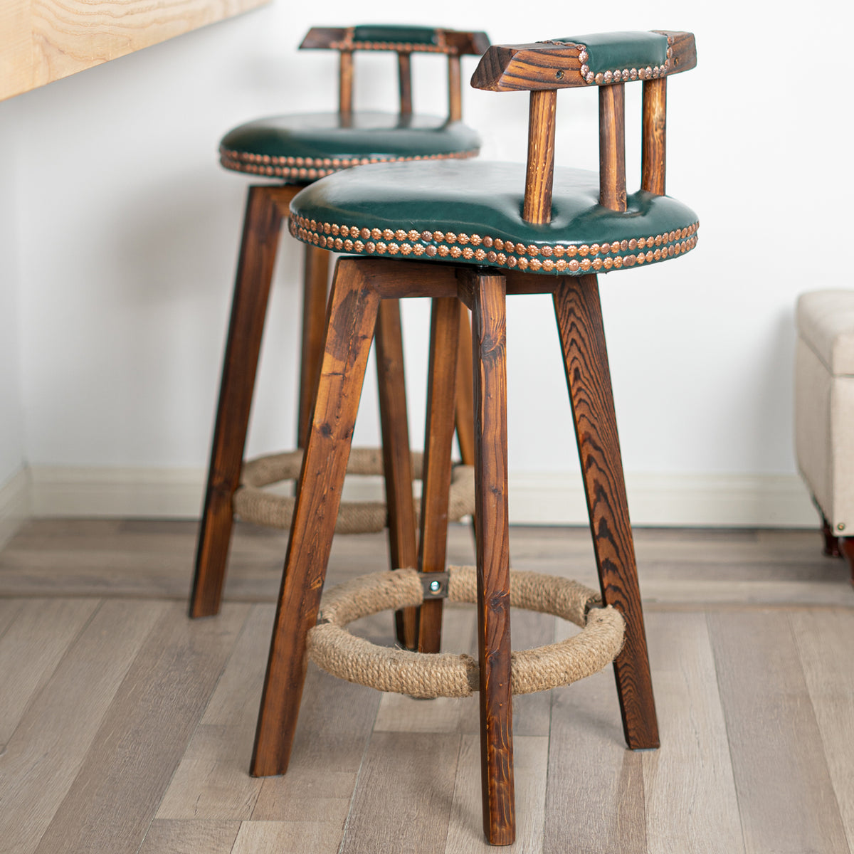 Rustic Faux Leather & Wood Bar Chairs - Set of 2 - Stylish Swivel Stools for Home or Bar FU01004