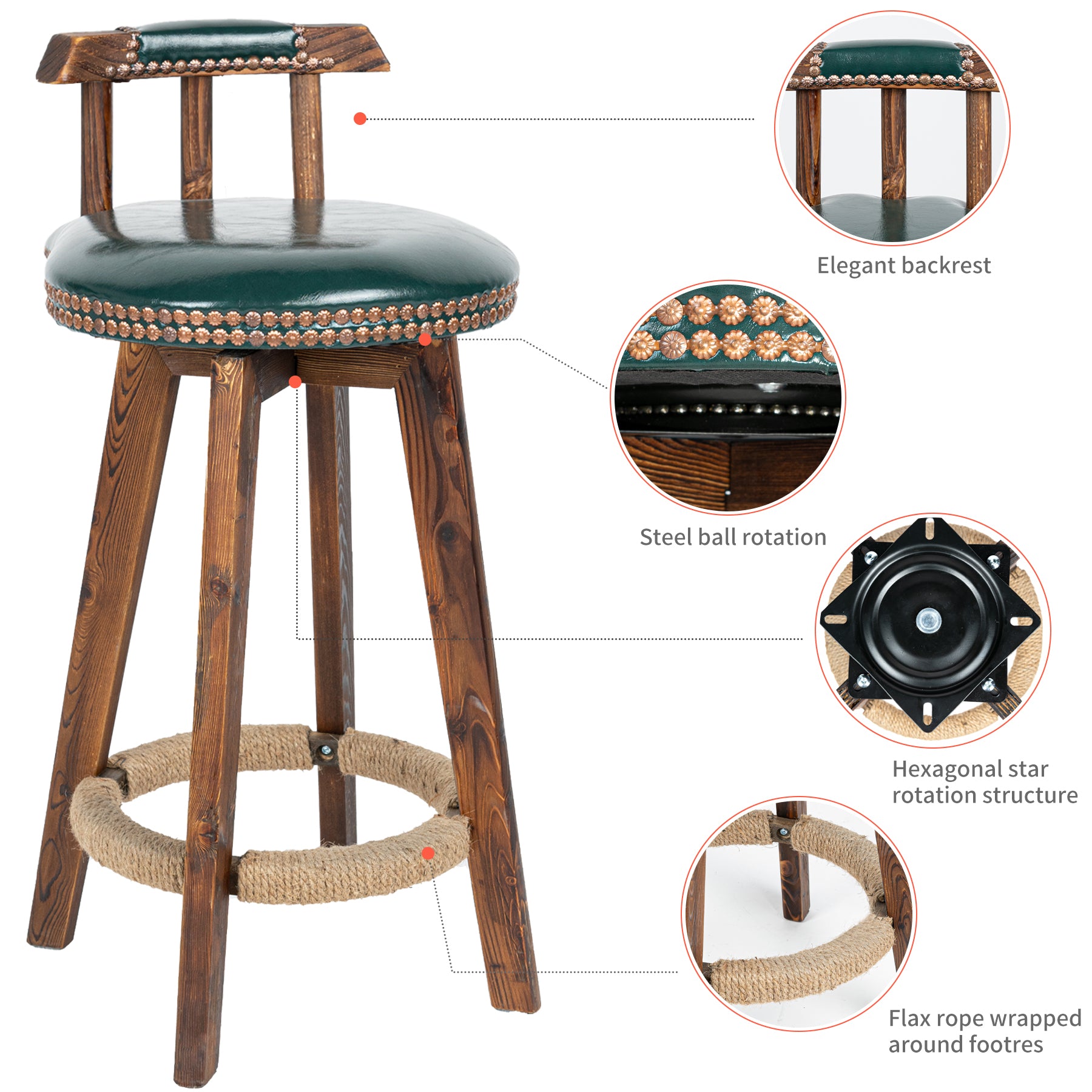 Rustic Faux Leather & Wood Bar Chairs - Set of 2 - Stylish Swivel Stools for Home or Bar FU01004