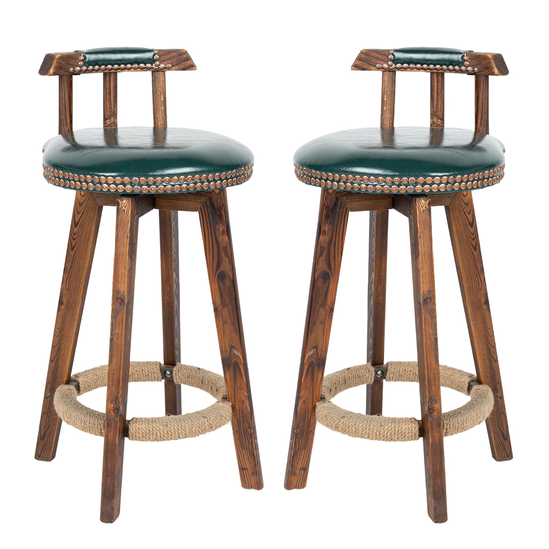 Rustic Faux Leather & Wood Bar Chairs - Set of 2 - Stylish Swivel Stools for Home or Bar FU01004