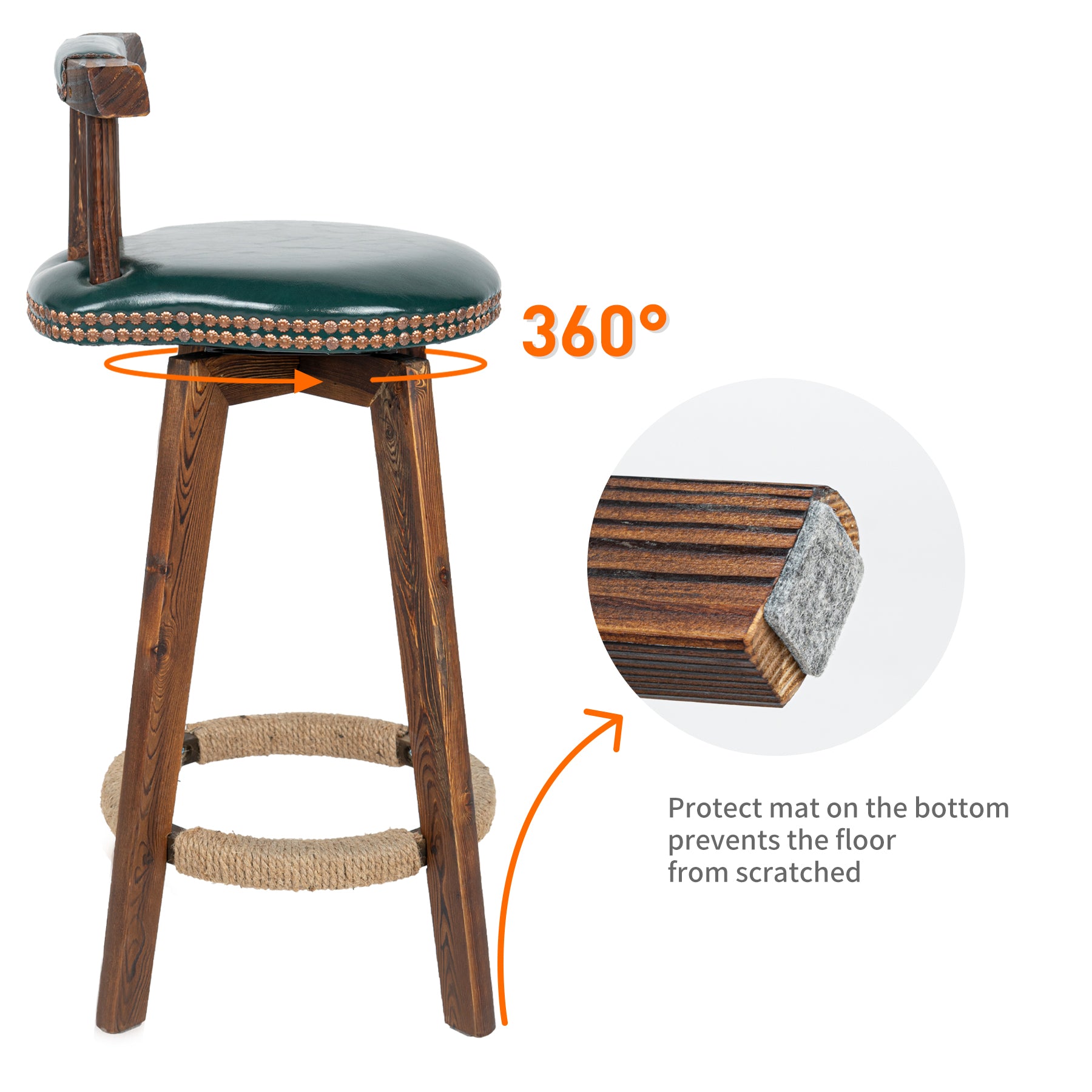 Rustic Faux Leather & Wood Bar Chairs - Set of 2 - Stylish Swivel Stools for Home or Bar FU01004