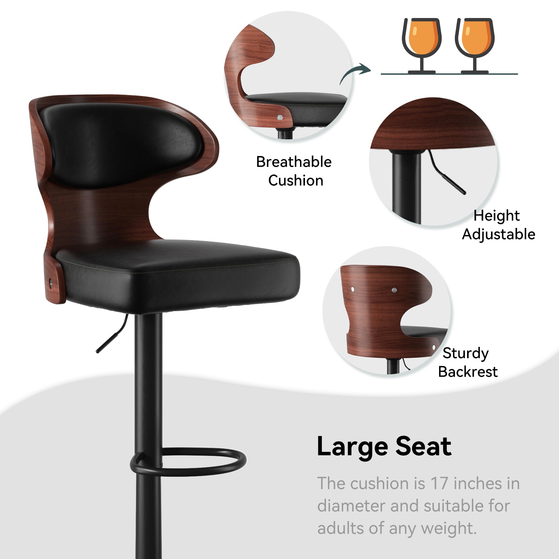 Stylish Adjustable Bar Stools - Plywood & Faux Leather with Iron Base FU01024