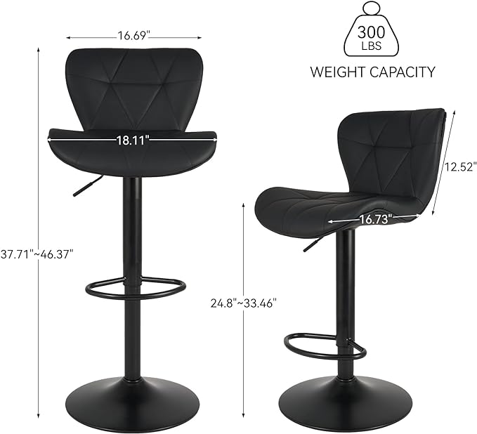 Modern Adjustable Faux Leather Bar Chair with Backrest - Stylish Black Counter Stool FU01034