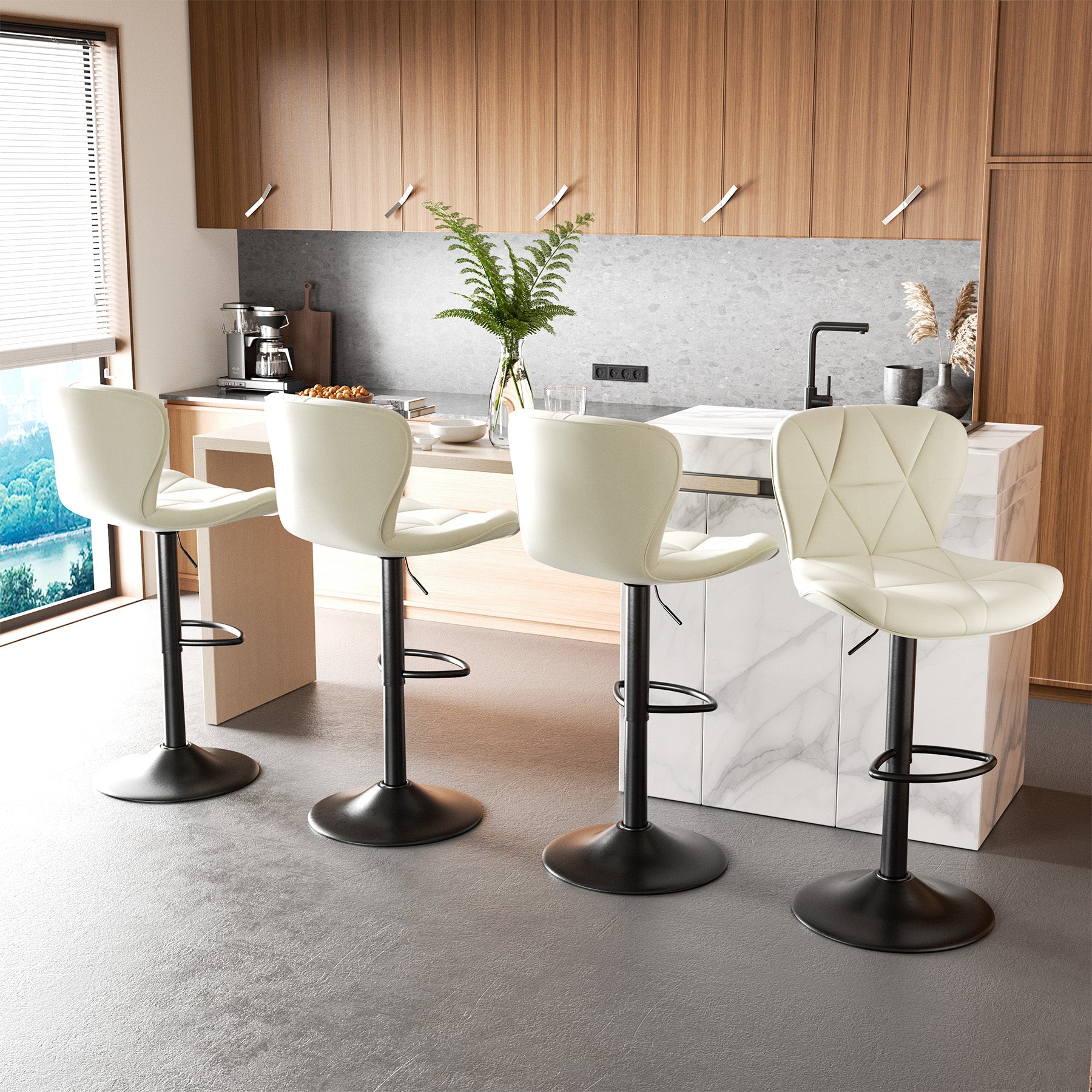 Modern Adjustable Faux Leather Bar Chair with Backrest - Stylish Black Counter Stool FU01034