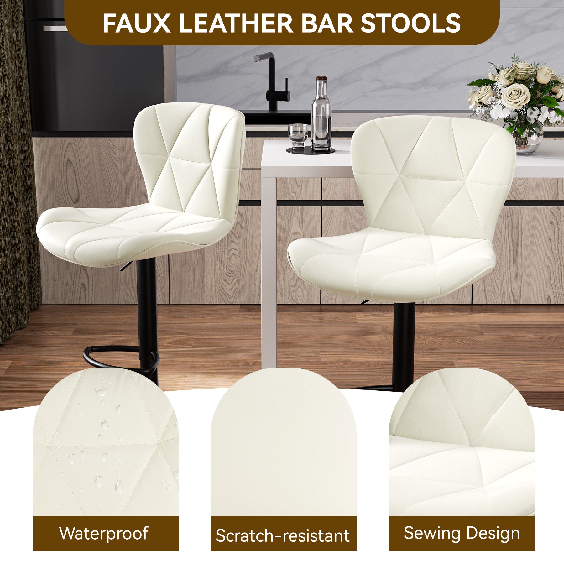 Modern Adjustable Faux Leather Bar Chair with Backrest - Stylish Black Counter Stool FU01034