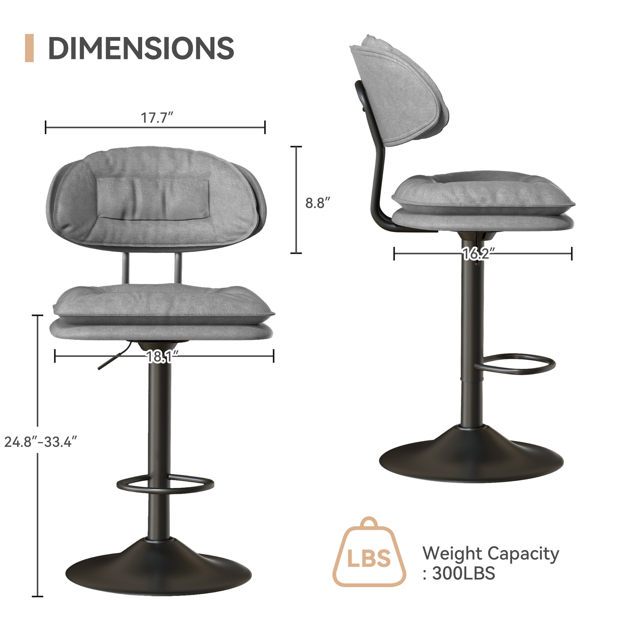 Adjustable Faux Leather Bar Stool with Metal Base chairs– Sleek Modern Design, 300 lbs Capacity FU01037