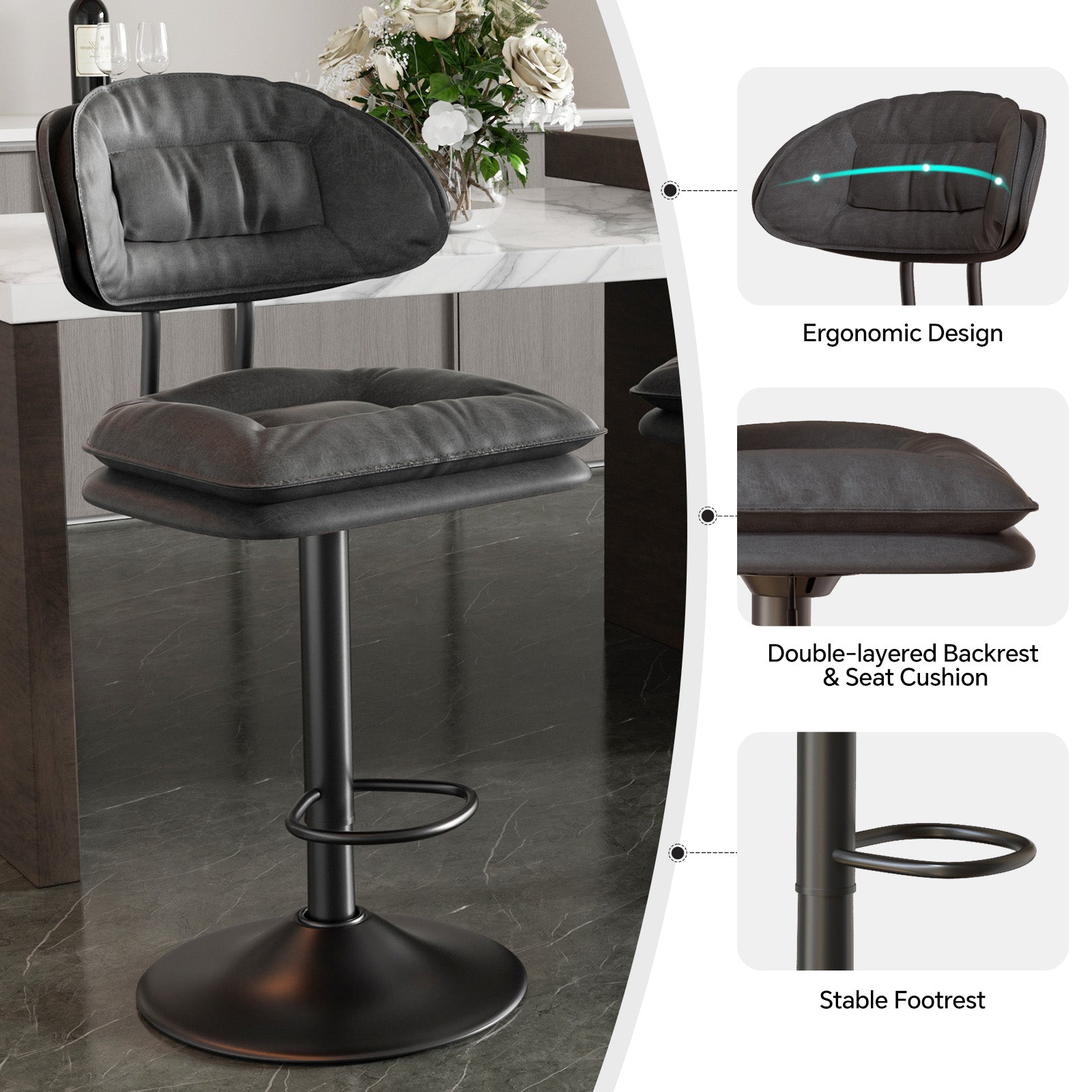 Adjustable Faux Leather Bar Stool with Metal Base chairs– Sleek Modern Design, 300 lbs Capacity FU01037