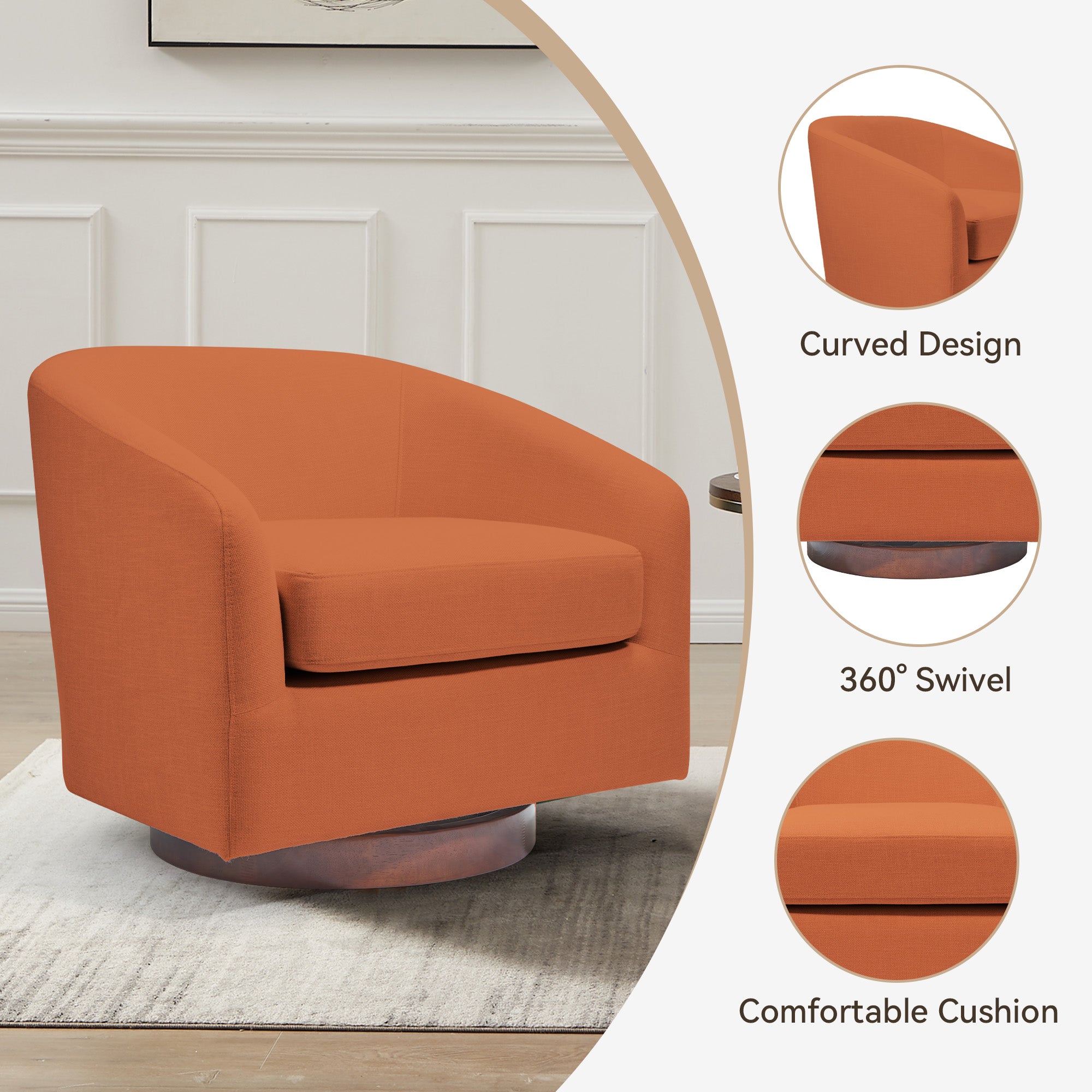 Stylish Modern Wood & Polyester Swivel Sofa Chair with Iron Base - Orange FU01045