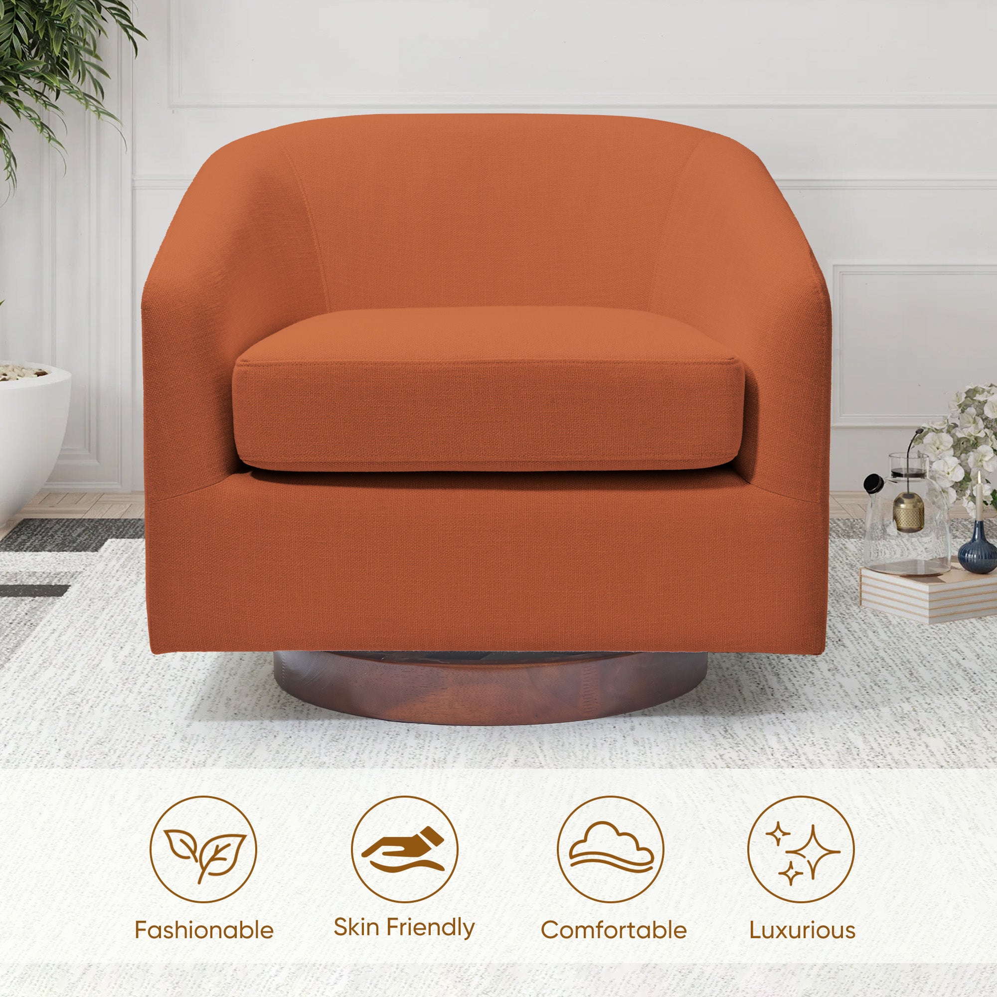 Stylish Modern Wood & Polyester Swivel Sofa Chair with Iron Base - Orange FU01045