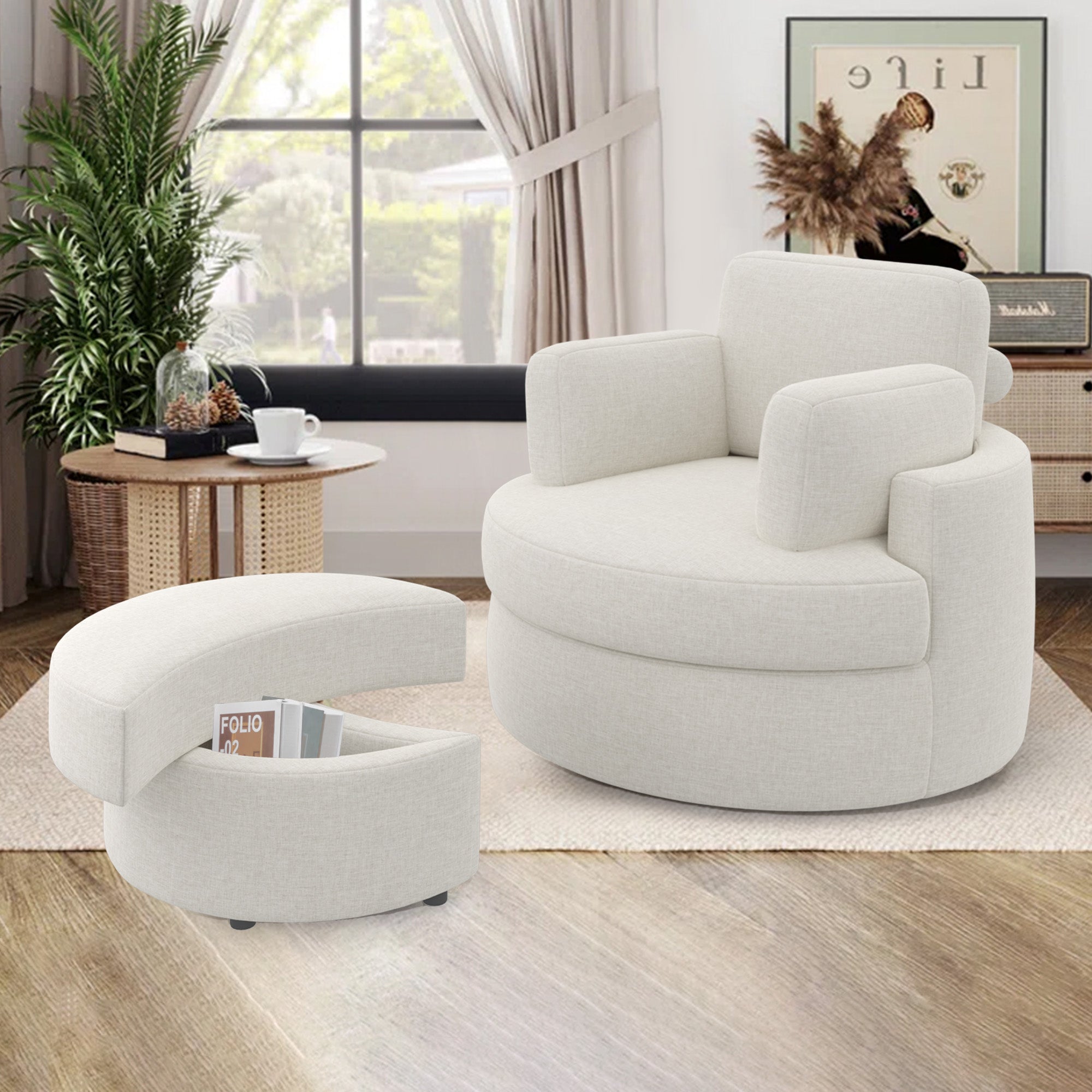 Modern Accent Sofa with Ottoman - Stylish Wood & Fabric Lounge Chair FU01046