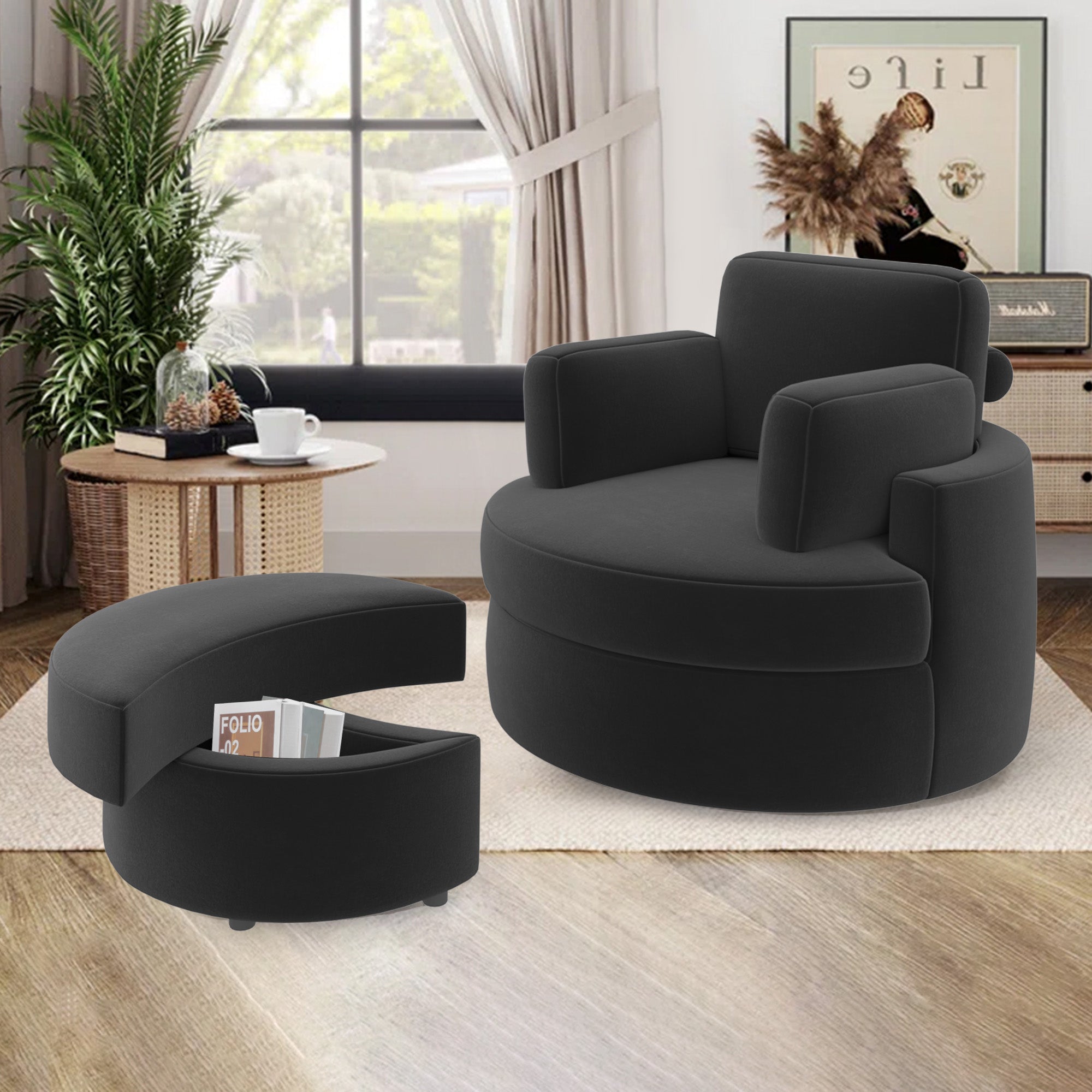 Modern Accent Sofa with Ottoman - Stylish Wood & Fabric Lounge Chair FU01046