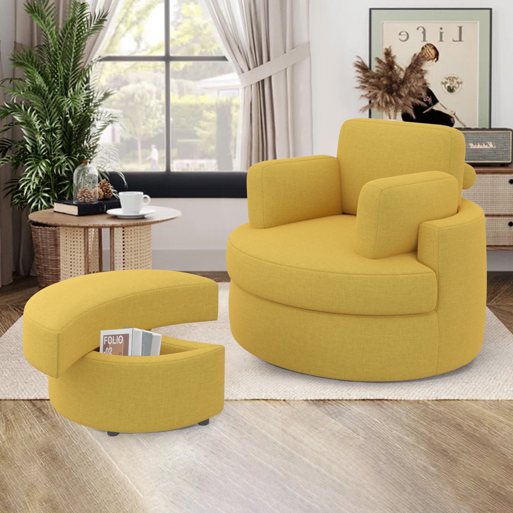 Modern Accent Sofa with Ottoman - Stylish Wood & Fabric Lounge Chair FU01046