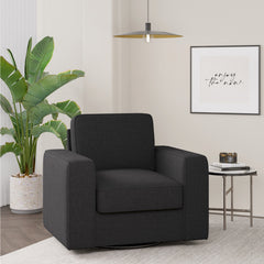 Modern Dark Grey Swivel Armchair - Wood & Faux Linen Urethane Accent Chair for Living Room FU01047