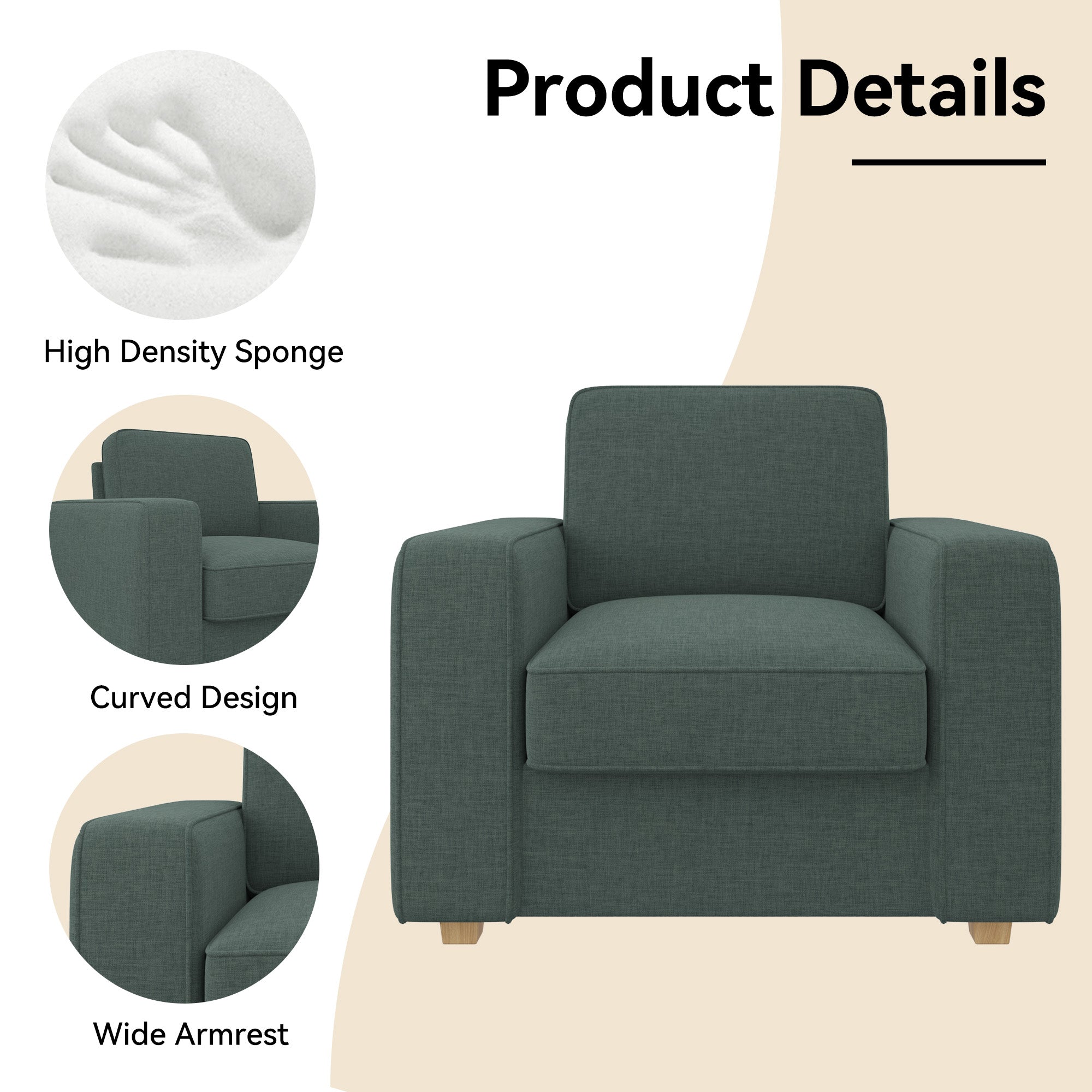 Modern Armchair - Comfortable Faux Linen Upholstery with Sturdy Laminated Wood Frame single seat sofa for livingroomFU01048