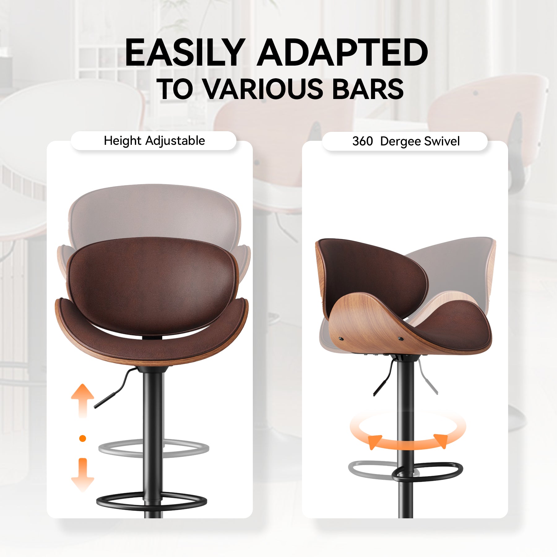 Modern Wood Bar Chair with Swivel and Backrest - Stylish and Comfortable for Home or Bar FU01049