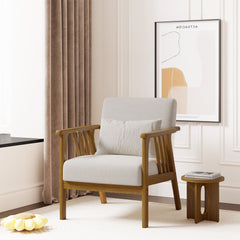 Modern Rubber Wood Lounge Chair with Faux Linen Upholstery and Metal Frame for Cozy Living Room FU01050