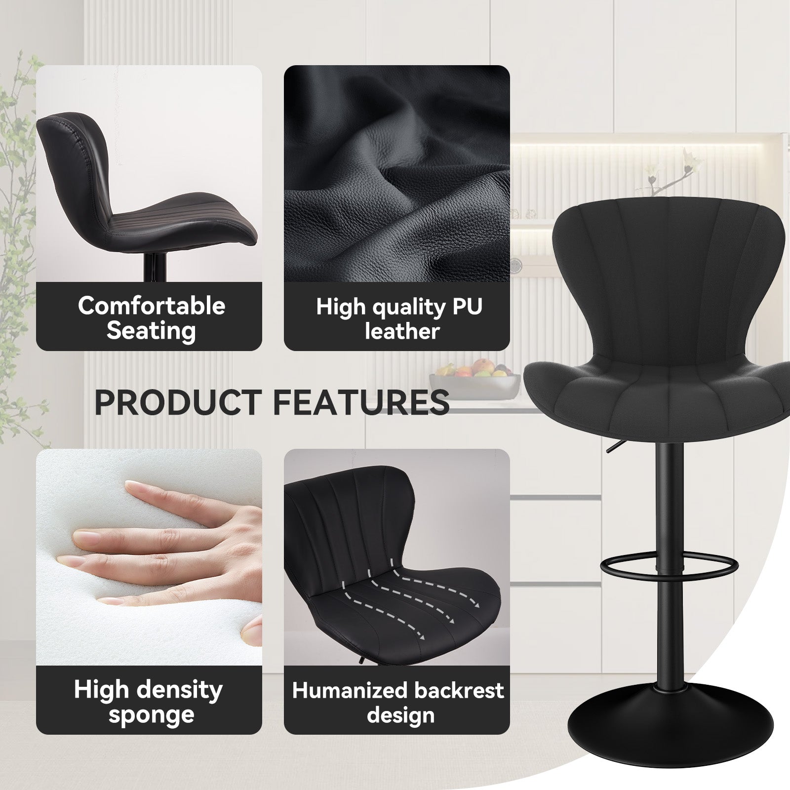 Stylish Faux Leather Bar Chair with Adjustable Height and Footrest - Perfect for Home or Commercial Use FU01052