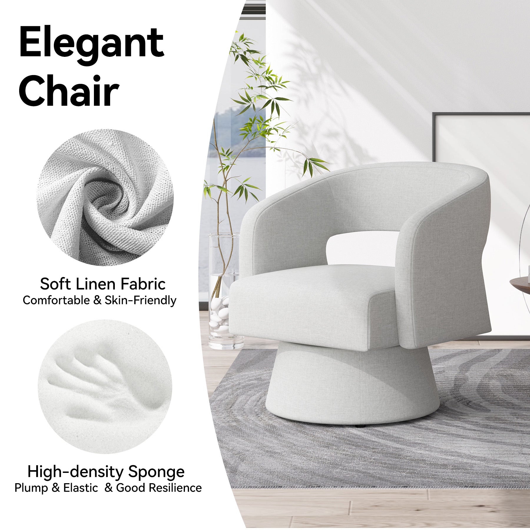 Modern Linen Swivel Chair with Wooden Base Sofa chair for relaxation - Stylish Living Room Accent FU01059