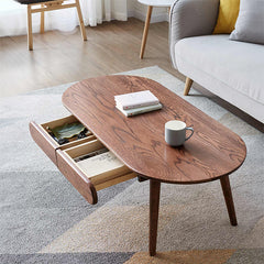 Modern Oval Oak Wood Coffee Table with Drawers for Storage – Stylish Living Room Centerpiece H83J44