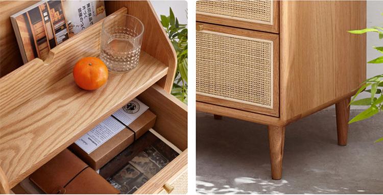 Modern Oak Wood Night Stand with Rattan Drawers for Storage - Stylish Design for Bedroom H84M04