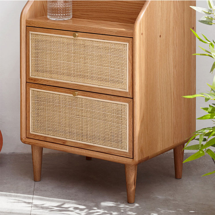 Modern Oak Wood Night Stand with Rattan Drawers for Storage - Stylish Design for Bedroom H84M04